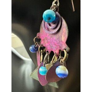 Vintage-Inspired Purple Blue Dangle Earrings Beaded Accents Geometric Charms